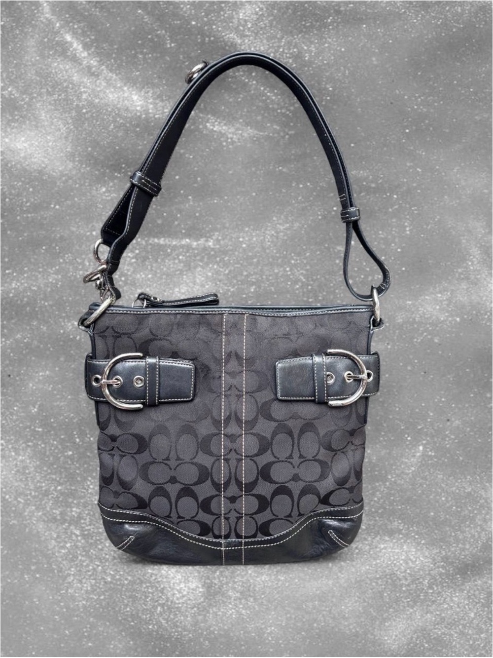 Coach Black Signature Canvas Shoulder Bag with Buckle Details